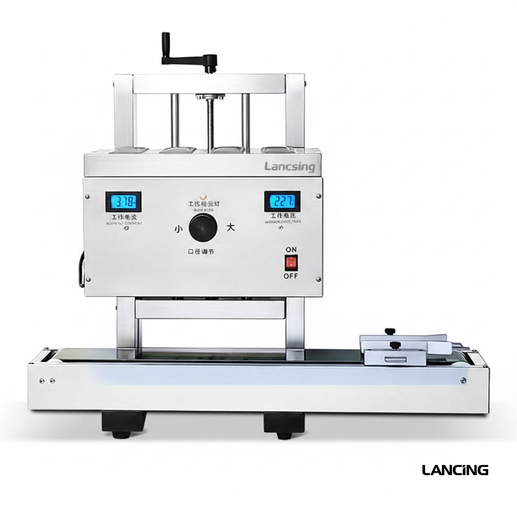 Lancing sealing equipment with an adjustable head and conveyor